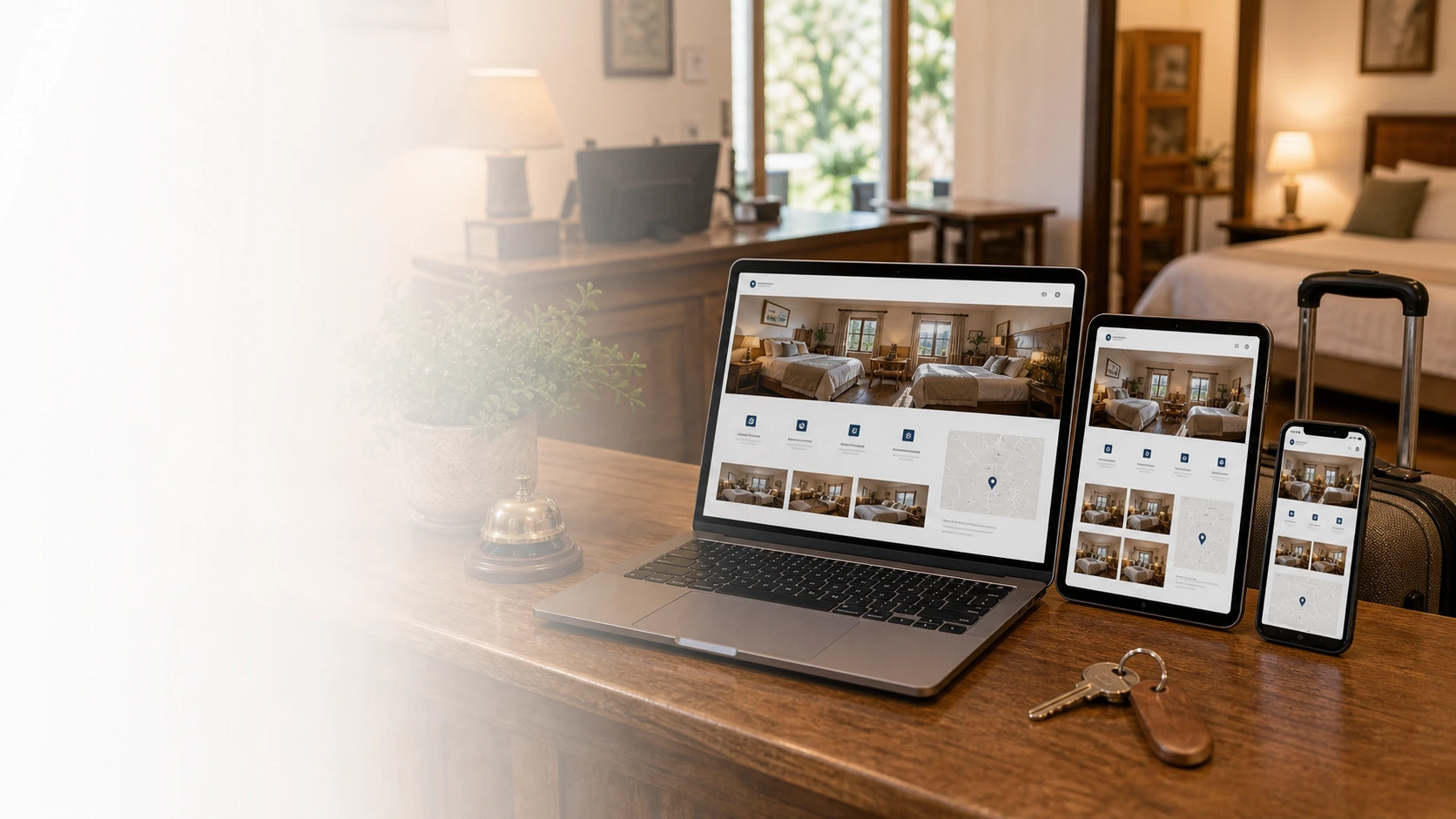 Mockup comercial premium para la sección hero de residencial: computadora, tablet y teléfono mostrando una web del rubro, fondo realista del contexto.