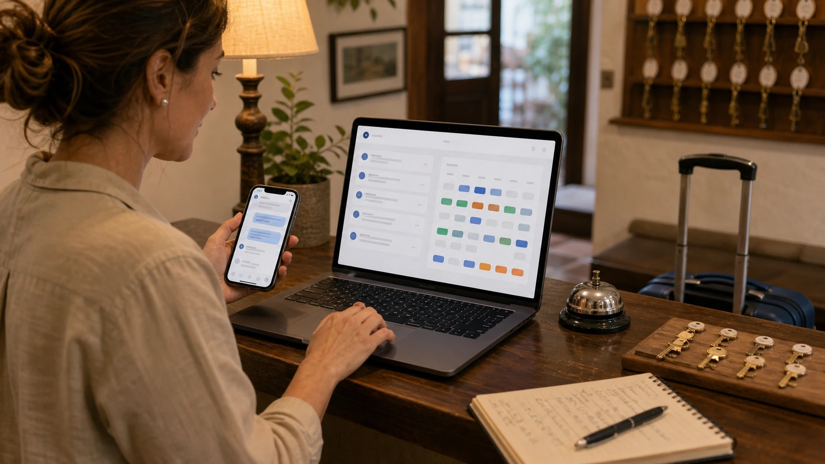 Persona o equipo de residencial gestionando consultas, turnos, reservas, pedidos, presupuestos o mensajes desde notebook/celular.