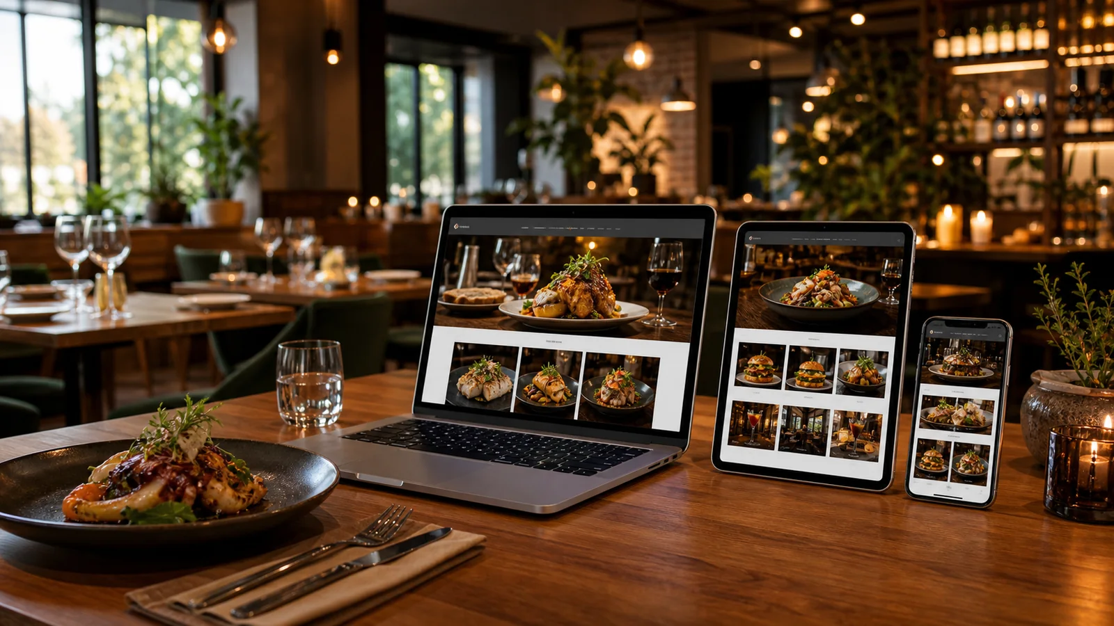 Mockup de pagina web para restaurante en computadora, tablet y celular con fondo gastronomico