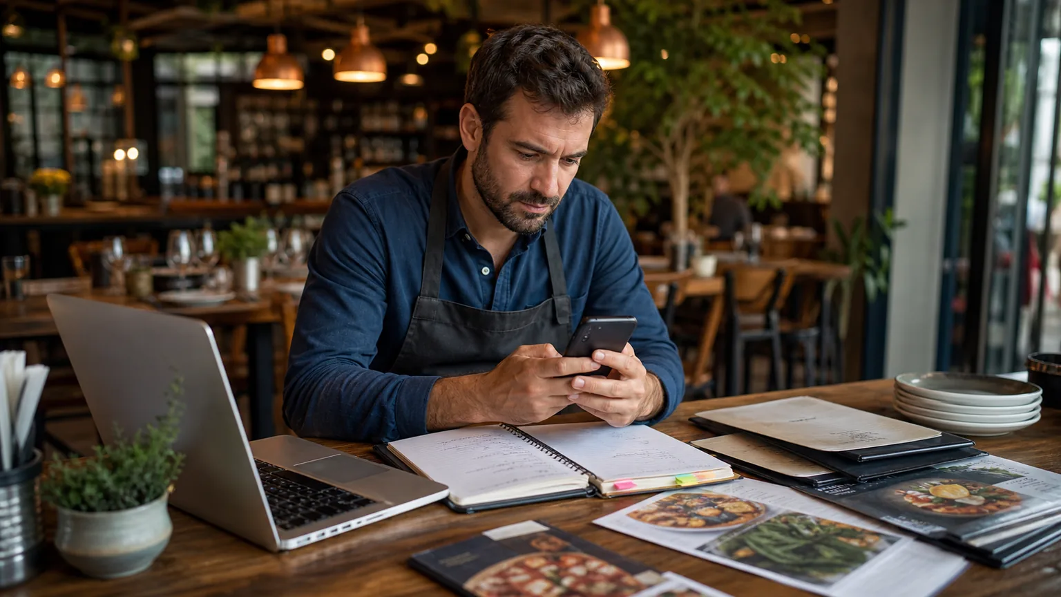 Encargado de restaurante revisando consultas sobre carta, horarios y reservas