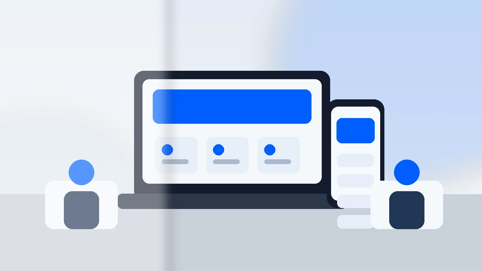 Mockup comercial premium para la sección hero de consultora de RR.HH.: computadora, tablet y teléfono mostrando una web del rubro, fondo realista del contexto.