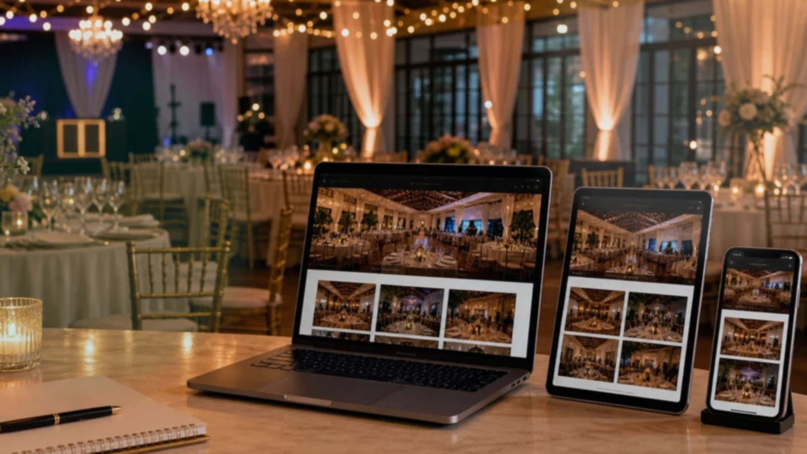 Pantalla o composición visual mostrando servicios, fotos, ubicación, contacto, propuesta comercial y estructura de salones de eventos de forma clara.