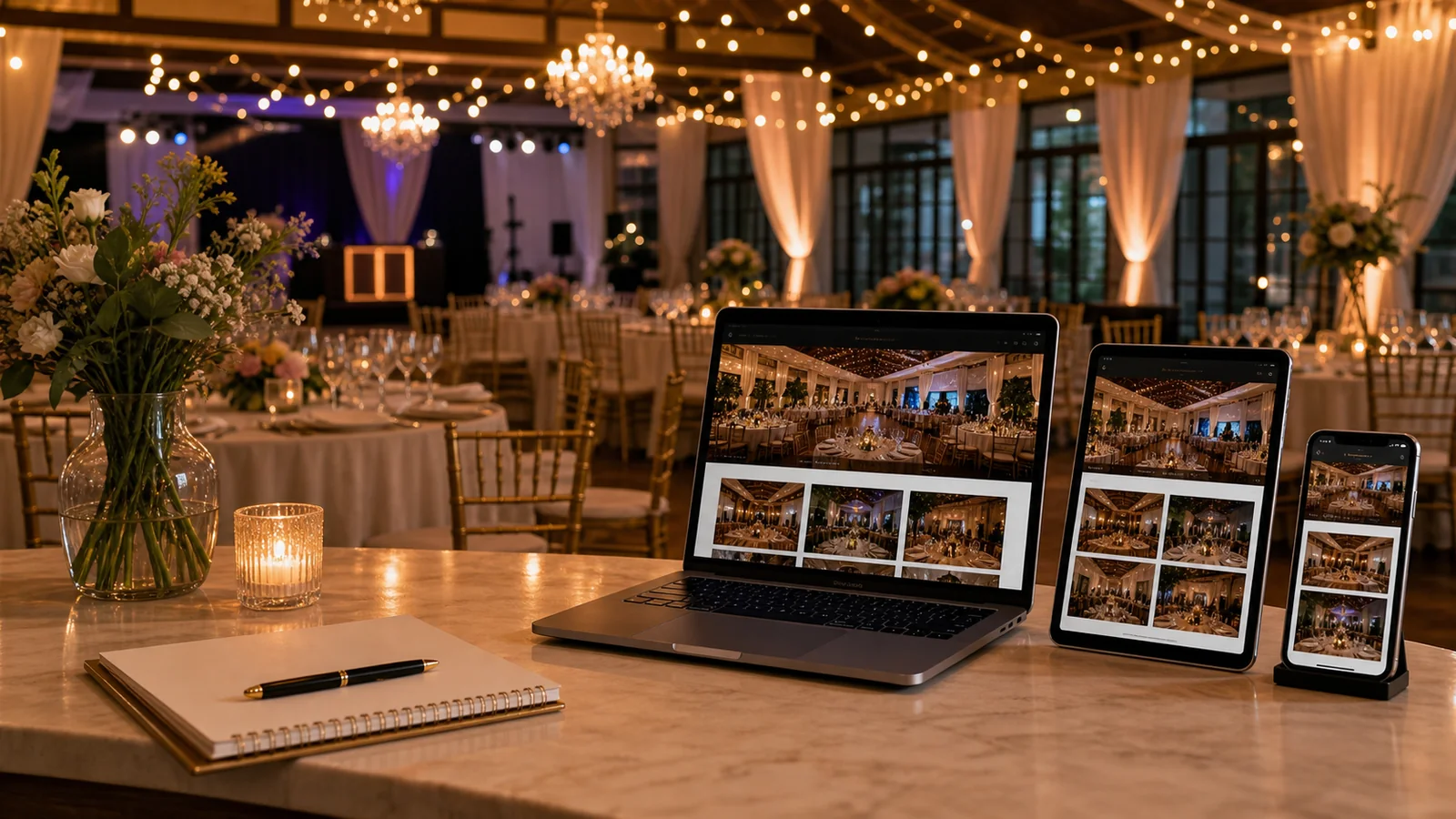 Mockup comercial premium para la sección hero de salones de eventos: computadora, tablet y teléfono mostrando una web del rubro, fondo realista del contexto.