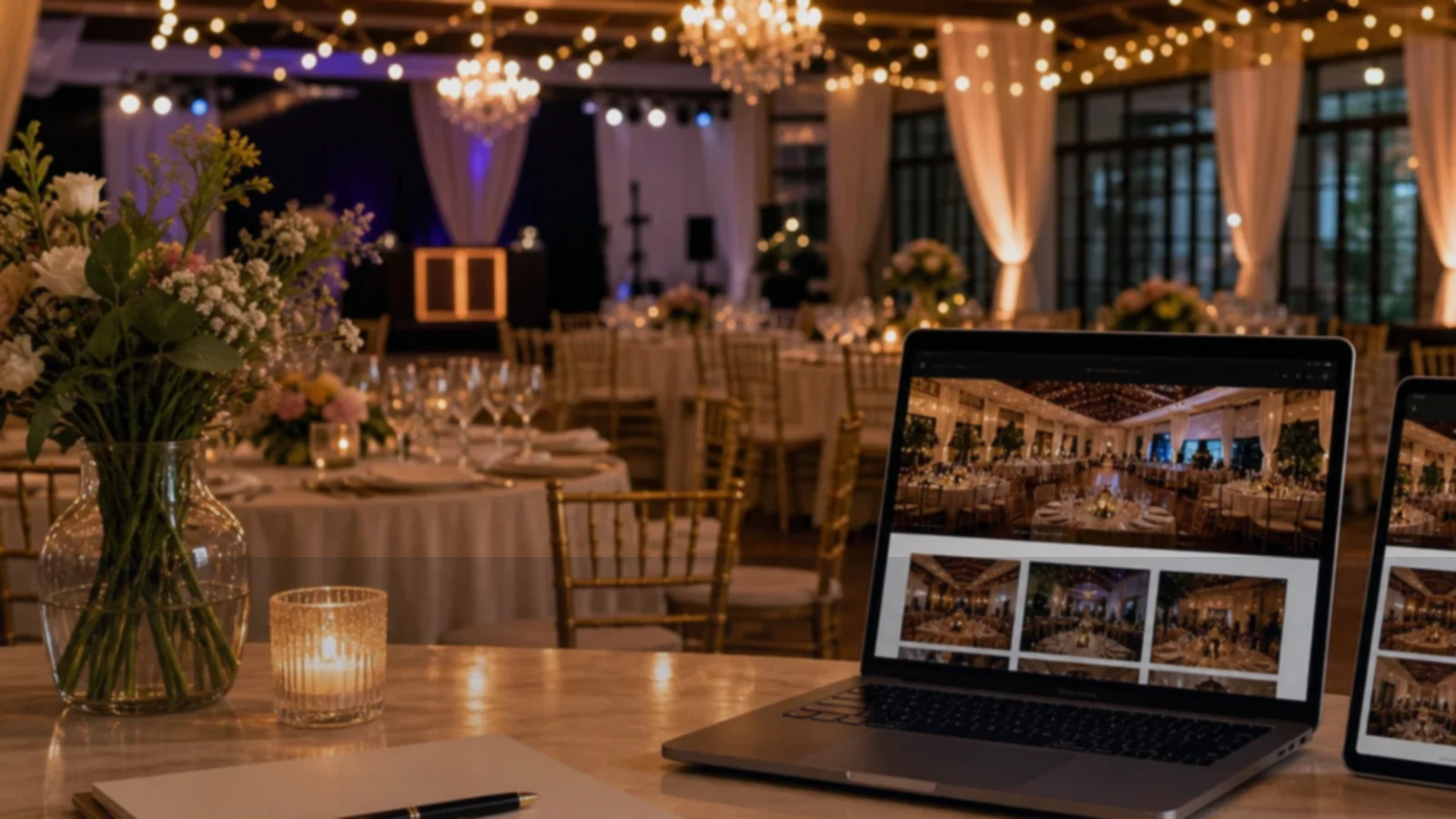 Persona o equipo de salones de eventos gestionando consultas, turnos, reservas, pedidos, presupuestos o mensajes desde notebook/celular.
