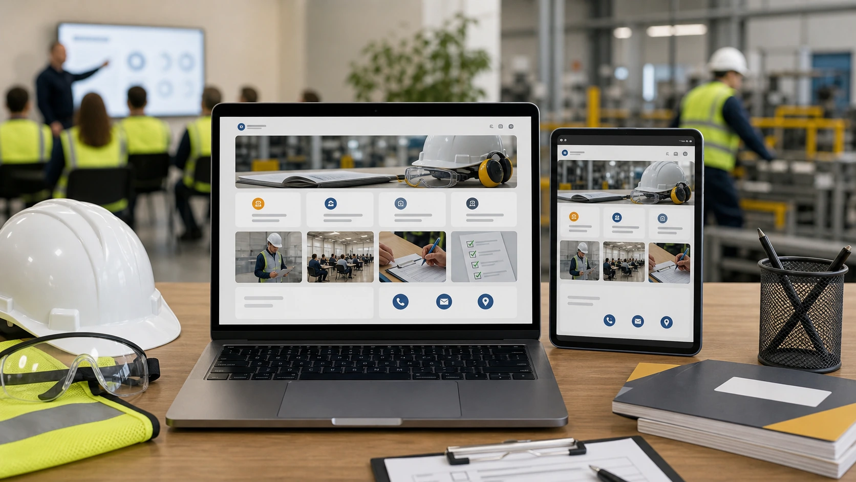 Pantalla o composición visual mostrando servicios, fotos, ubicación, contacto, propuesta comercial y estructura de consultora de seguridad e higiene de forma clara.