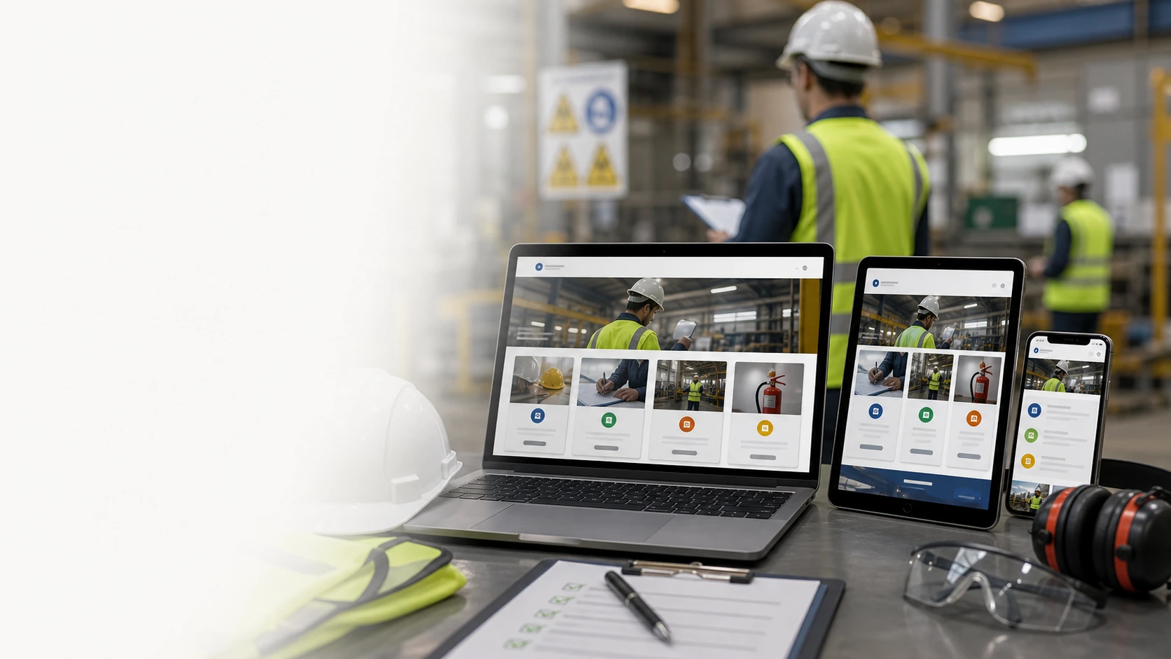Mockup comercial premium para la sección hero de consultora de seguridad e higiene: computadora, tablet y teléfono mostrando una web del rubro, fondo realista del contexto.