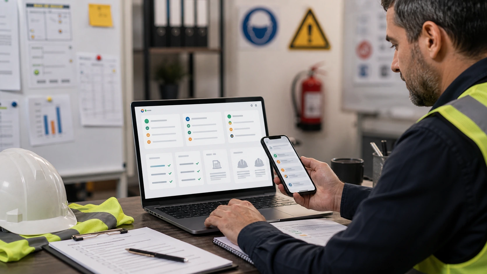 Persona o equipo de consultora de seguridad e higiene gestionando consultas, turnos, reservas, pedidos, presupuestos o mensajes desde notebook/celular.