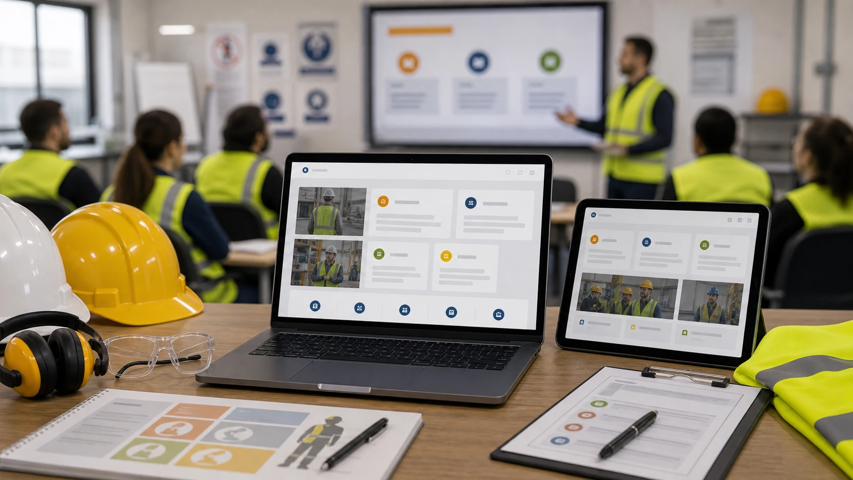 Pantalla o composición visual mostrando servicios, fotos, ubicación, contacto, propuesta comercial y estructura de servicio de seguridad laboral de forma clara.