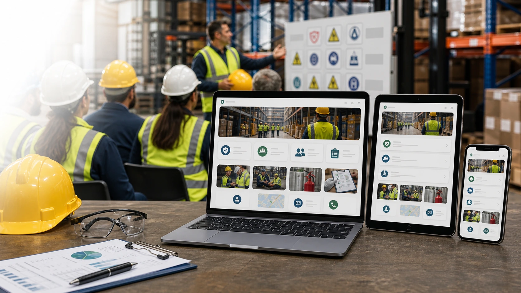 Mockup comercial premium para la sección hero de servicio de seguridad laboral: computadora, tablet y teléfono mostrando una web del rubro, fondo realista del contexto.