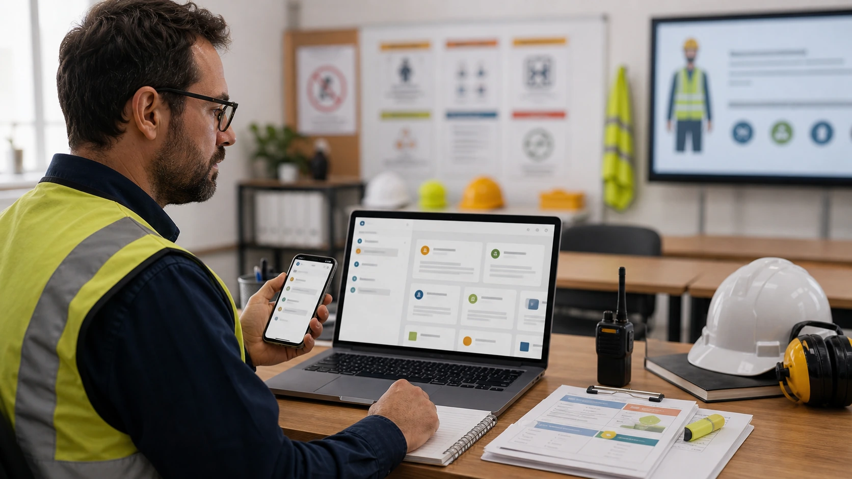 Persona o equipo de servicio de seguridad laboral gestionando consultas, turnos, reservas, pedidos, presupuestos o mensajes desde notebook/celular.