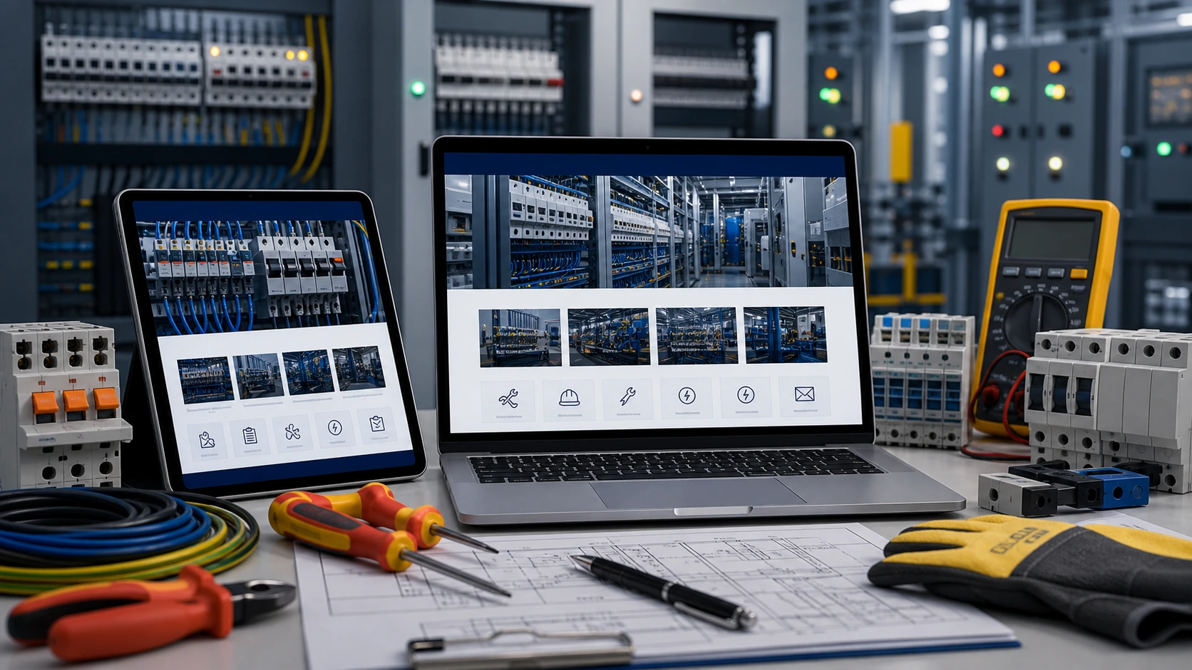 Pantalla o composición visual mostrando servicios, fotos, ubicación, contacto, propuesta comercial y estructura de servicio electrico industrial de forma clara.