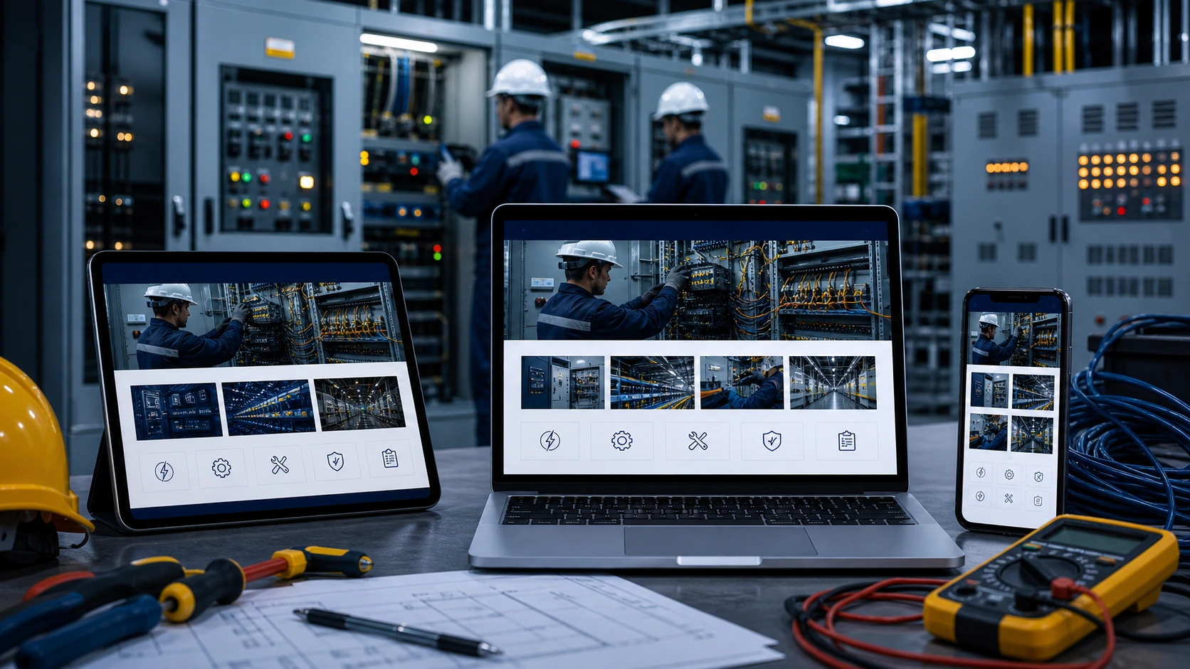 Mockup comercial premium para la sección hero de servicio electrico industrial: computadora, tablet y teléfono mostrando una web del rubro, fondo realista del contexto.