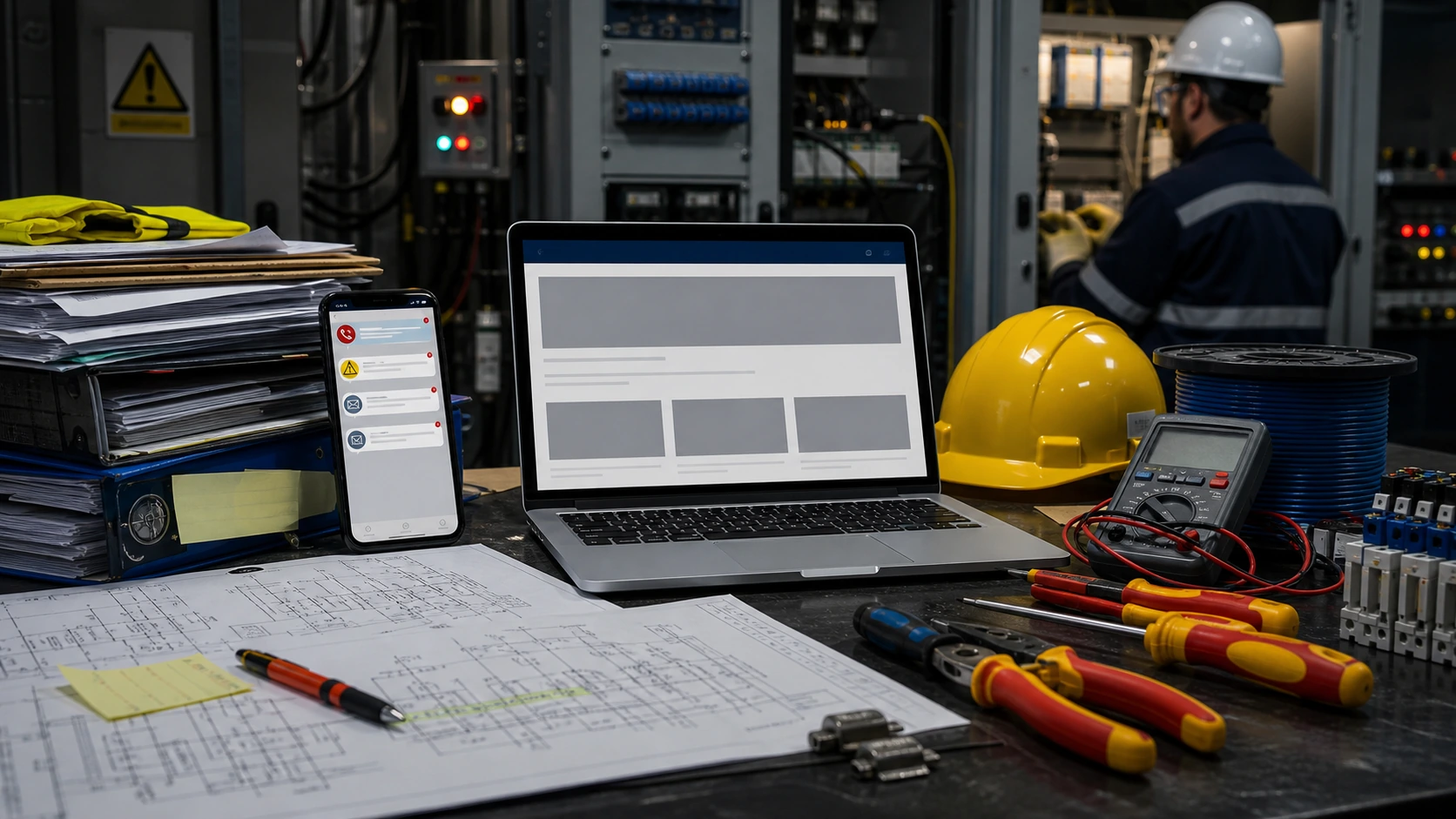 Persona o equipo de servicio electrico industrial gestionando consultas, turnos, reservas, pedidos, presupuestos o mensajes desde notebook/celular.