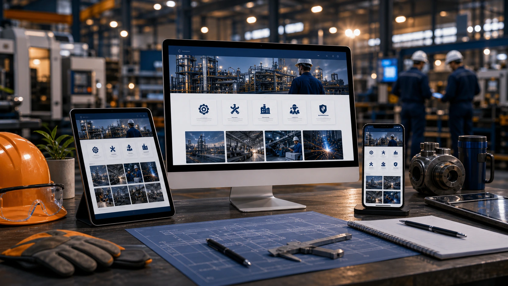 Pantalla o composición visual mostrando servicios, fotos, ubicación, contacto, propuesta comercial y estructura de empresa de servicios industriales de forma clara.