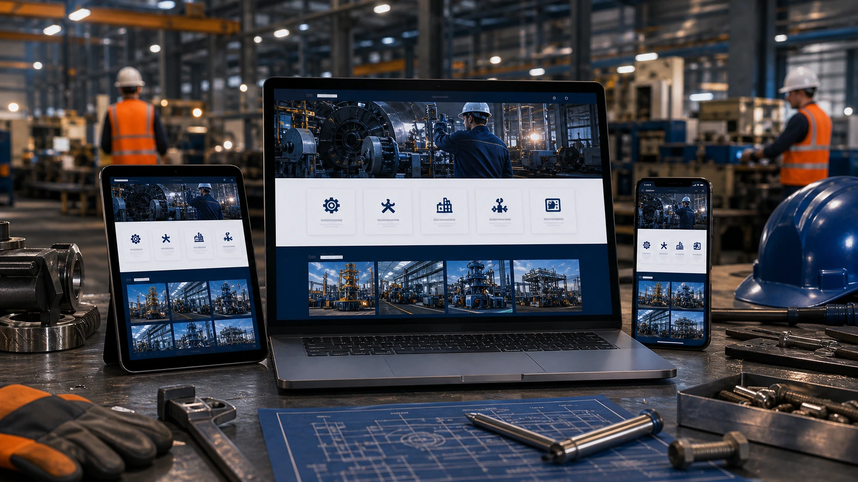 Mockup comercial premium para la sección hero de empresa de servicios industriales: computadora, tablet y teléfono mostrando una web del rubro, fondo realista del contexto.
