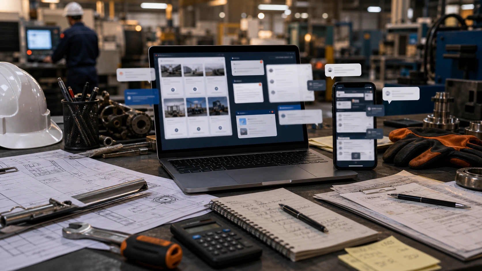 Persona o equipo de empresa de servicios industriales gestionando consultas, turnos, reservas, pedidos, presupuestos o mensajes desde notebook/celular.