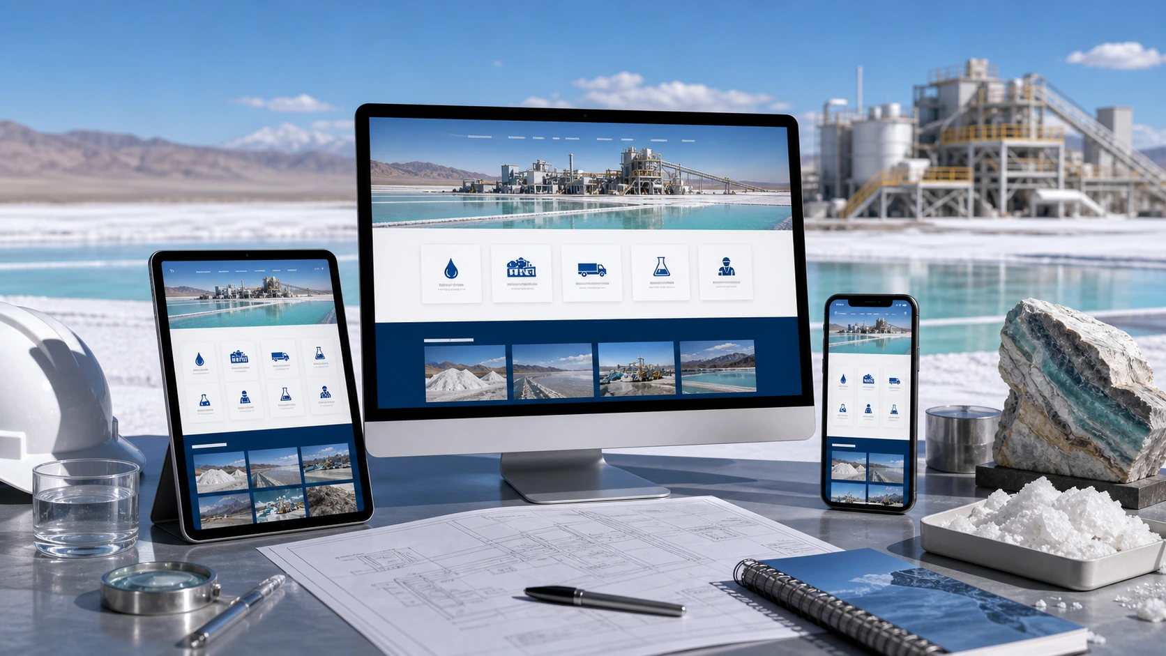 Pantalla o composición visual mostrando servicios, fotos, ubicación, contacto, propuesta comercial y estructura de servicio para litio de forma clara.
