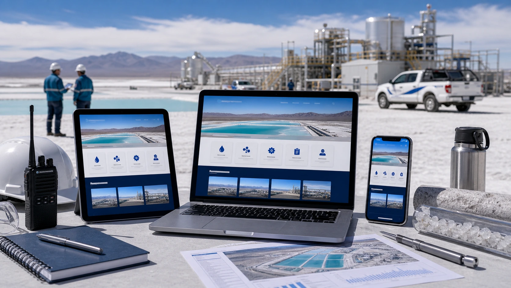 Mockup comercial premium para la sección hero de servicio para litio: computadora, tablet y teléfono mostrando una web del rubro, fondo realista del contexto.