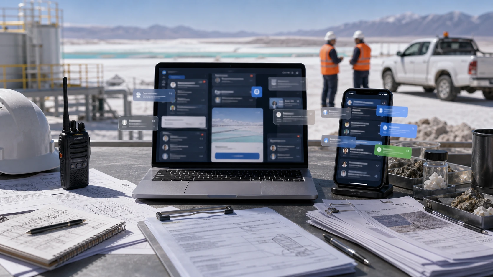 Persona o equipo de servicio para litio gestionando consultas, turnos, reservas, pedidos, presupuestos o mensajes desde notebook/celular.