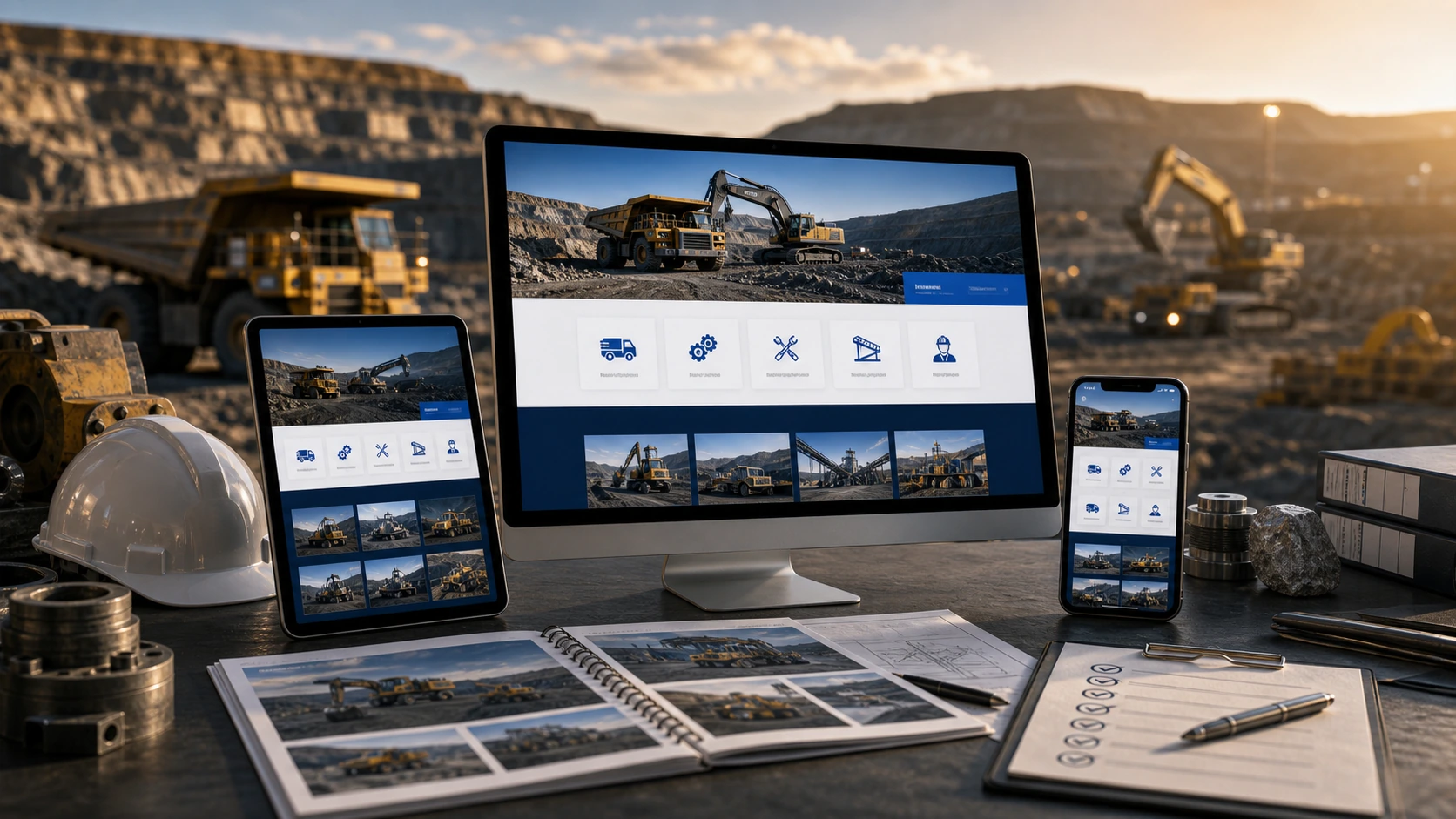 Pantalla o composición visual mostrando servicios, fotos, ubicación, contacto, propuesta comercial y estructura de servicio para mineria de forma clara.