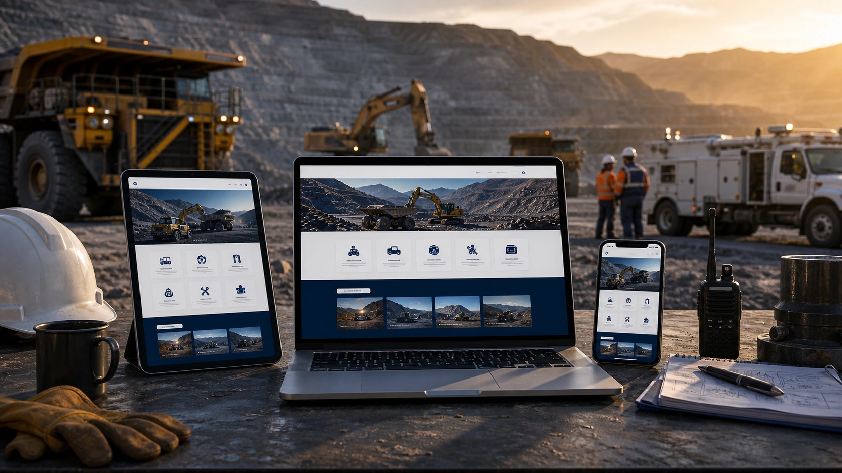 Mockup comercial premium para la sección hero de servicio para mineria: computadora, tablet y teléfono mostrando una web del rubro, fondo realista del contexto.