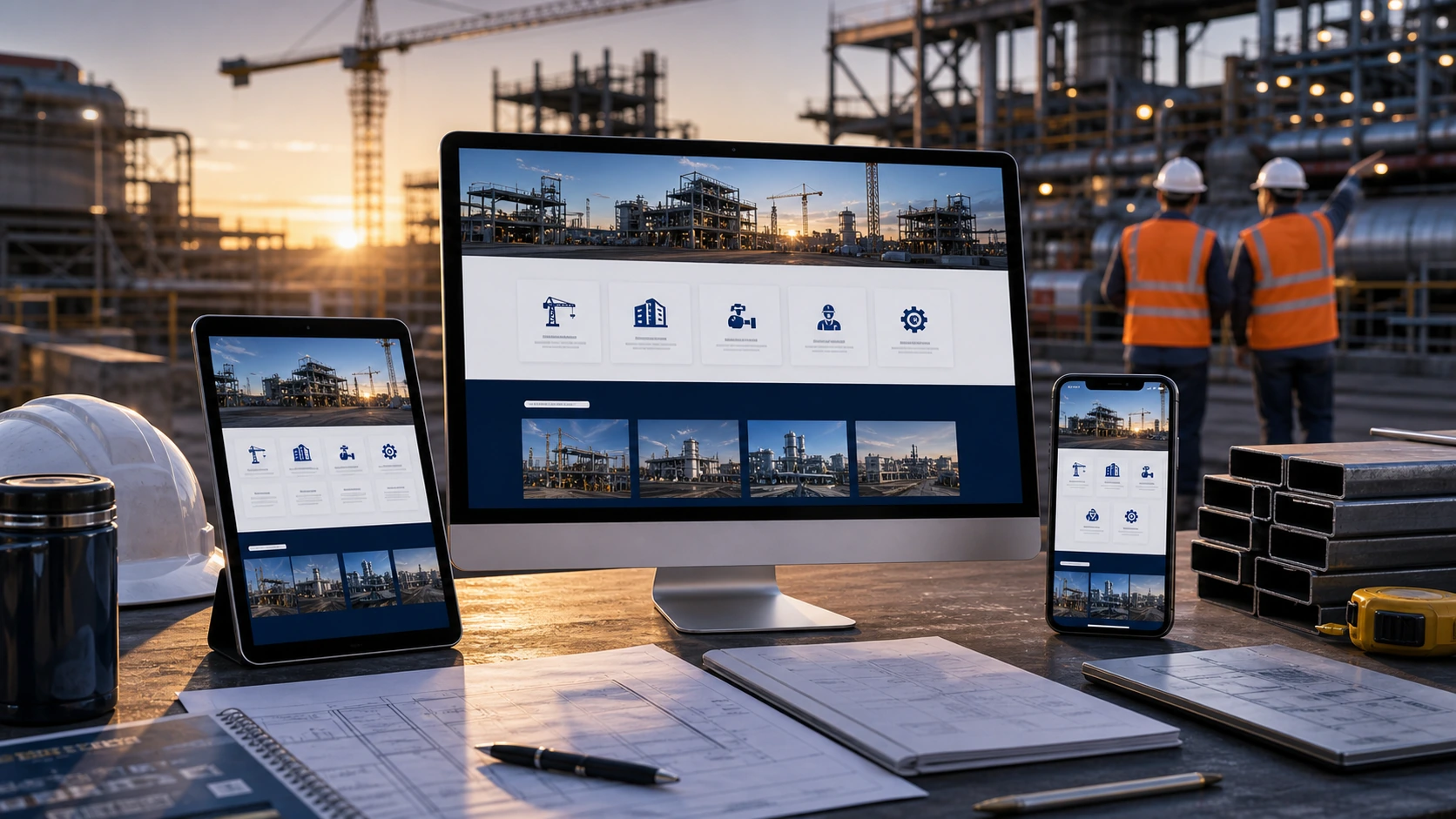 Pantalla o composición visual mostrando servicios, fotos, ubicación, contacto, propuesta comercial y estructura de servicio para obras industriales de forma clara.