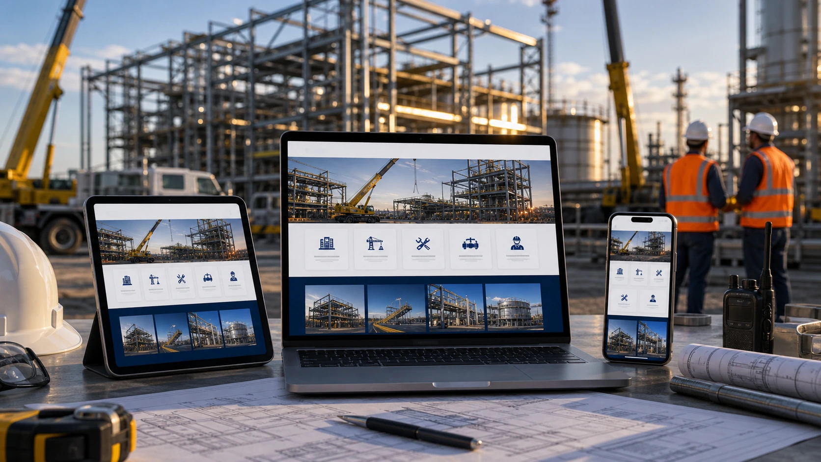 Mockup comercial premium para la sección hero de servicio para obras industriales: computadora, tablet y teléfono mostrando una web del rubro, fondo realista del contexto.