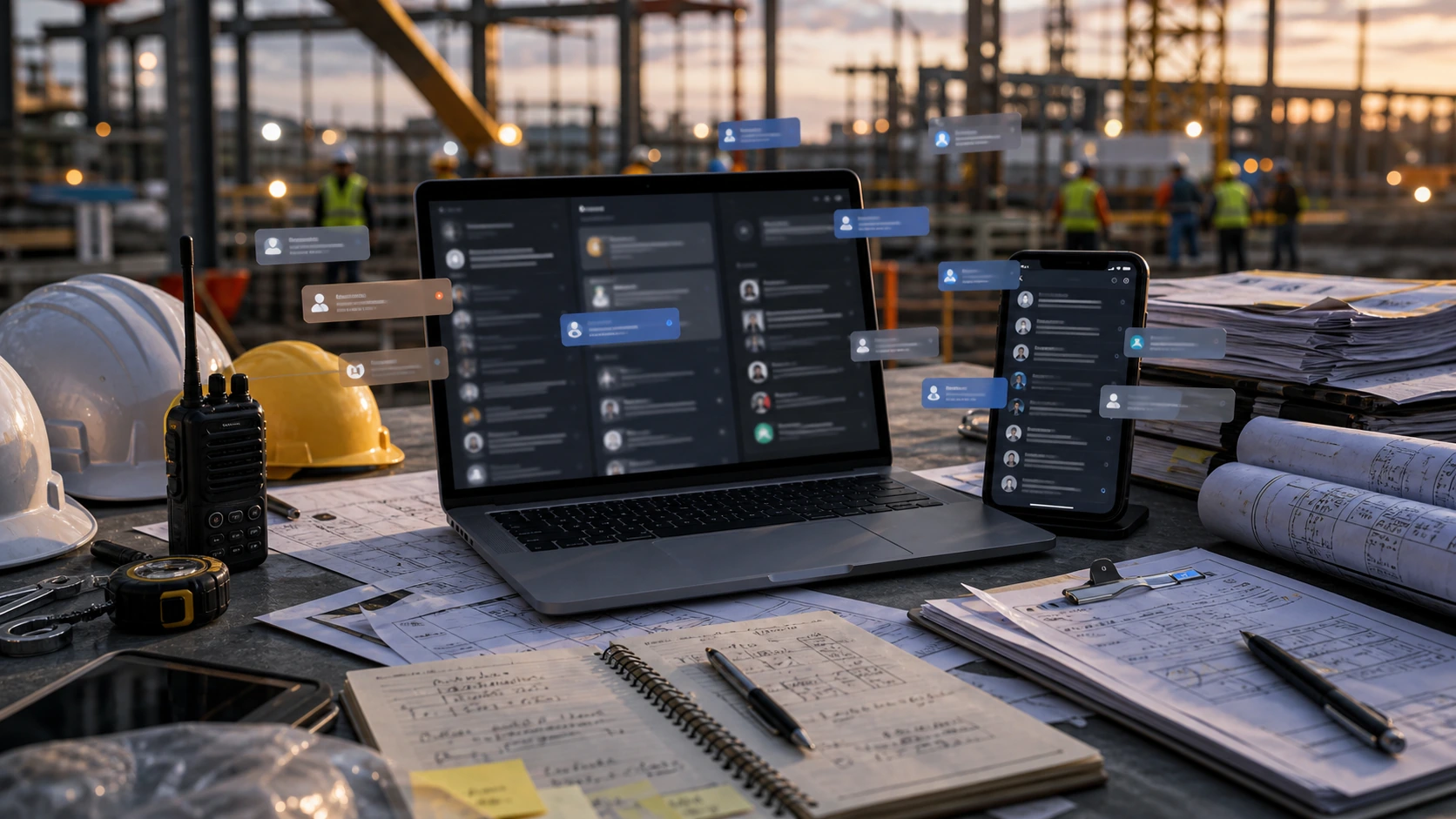Persona o equipo de servicio para obras industriales gestionando consultas, turnos, reservas, pedidos, presupuestos o mensajes desde notebook/celular.