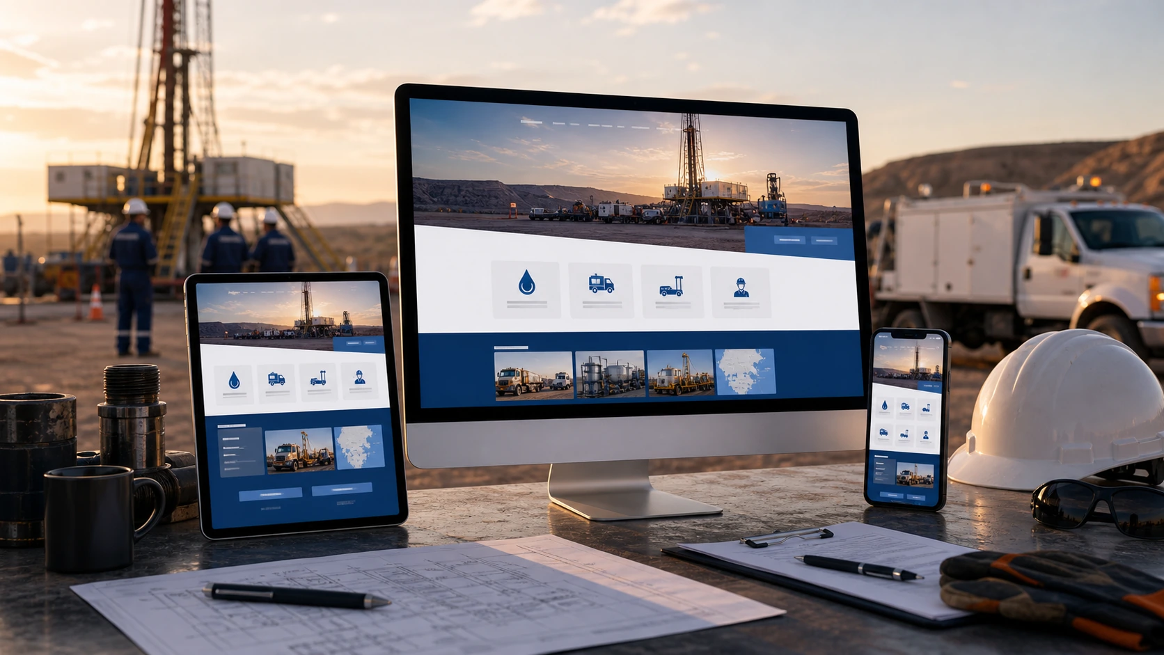 Pantalla o composición visual mostrando servicios, fotos, ubicación, contacto, propuesta comercial y estructura de servicio para Vaca Muerta de forma clara.