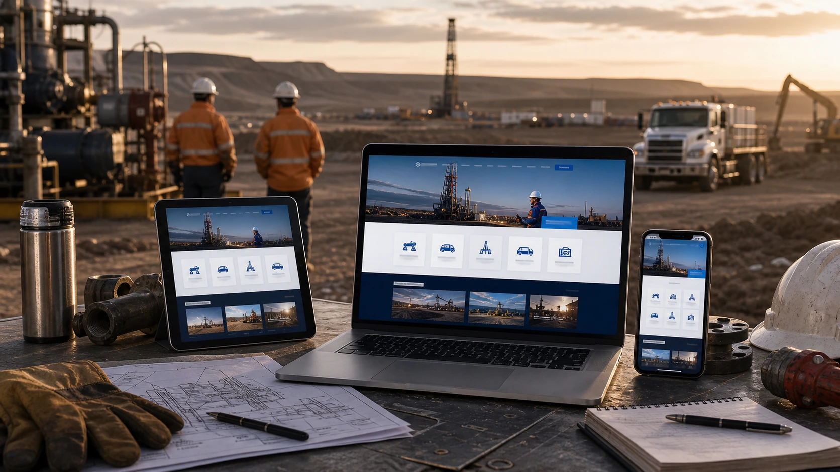 Mockup comercial premium para la sección hero de servicio para Vaca Muerta: computadora, tablet y teléfono mostrando una web del rubro, fondo realista del contexto.