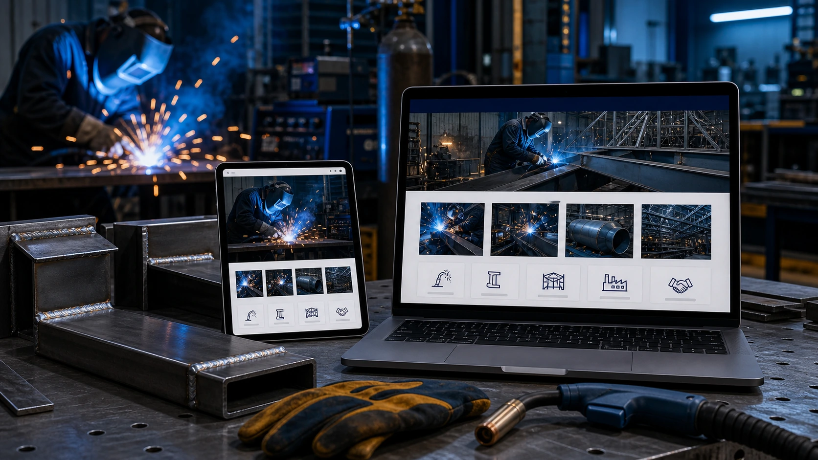 Pantalla o composición visual mostrando servicios, fotos, ubicación, contacto, propuesta comercial y estructura de servicio de soldadura industrial de forma clara.