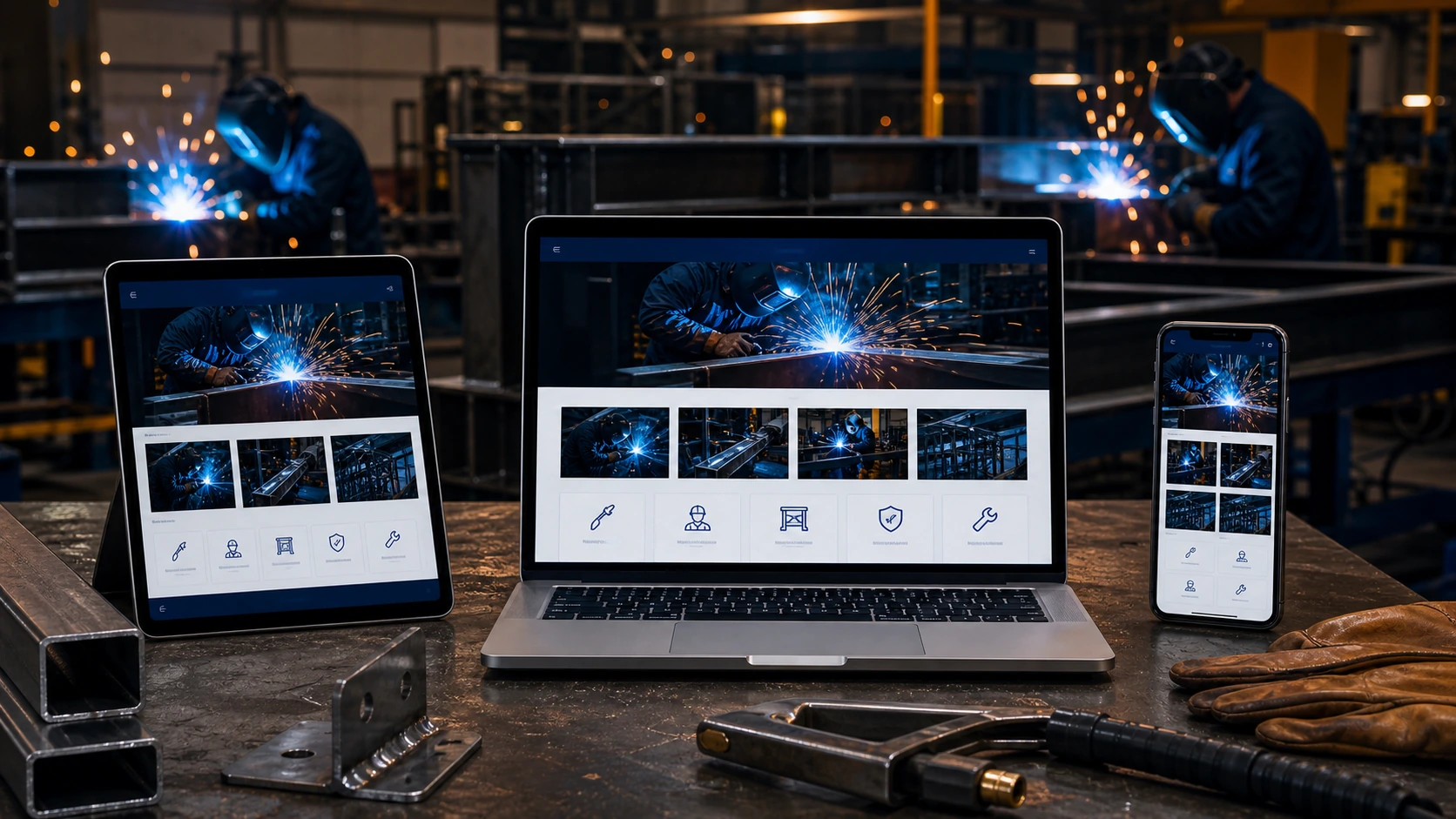 Mockup comercial premium para la sección hero de servicio de soldadura industrial: computadora, tablet y teléfono mostrando una web del rubro, fondo realista del contexto.