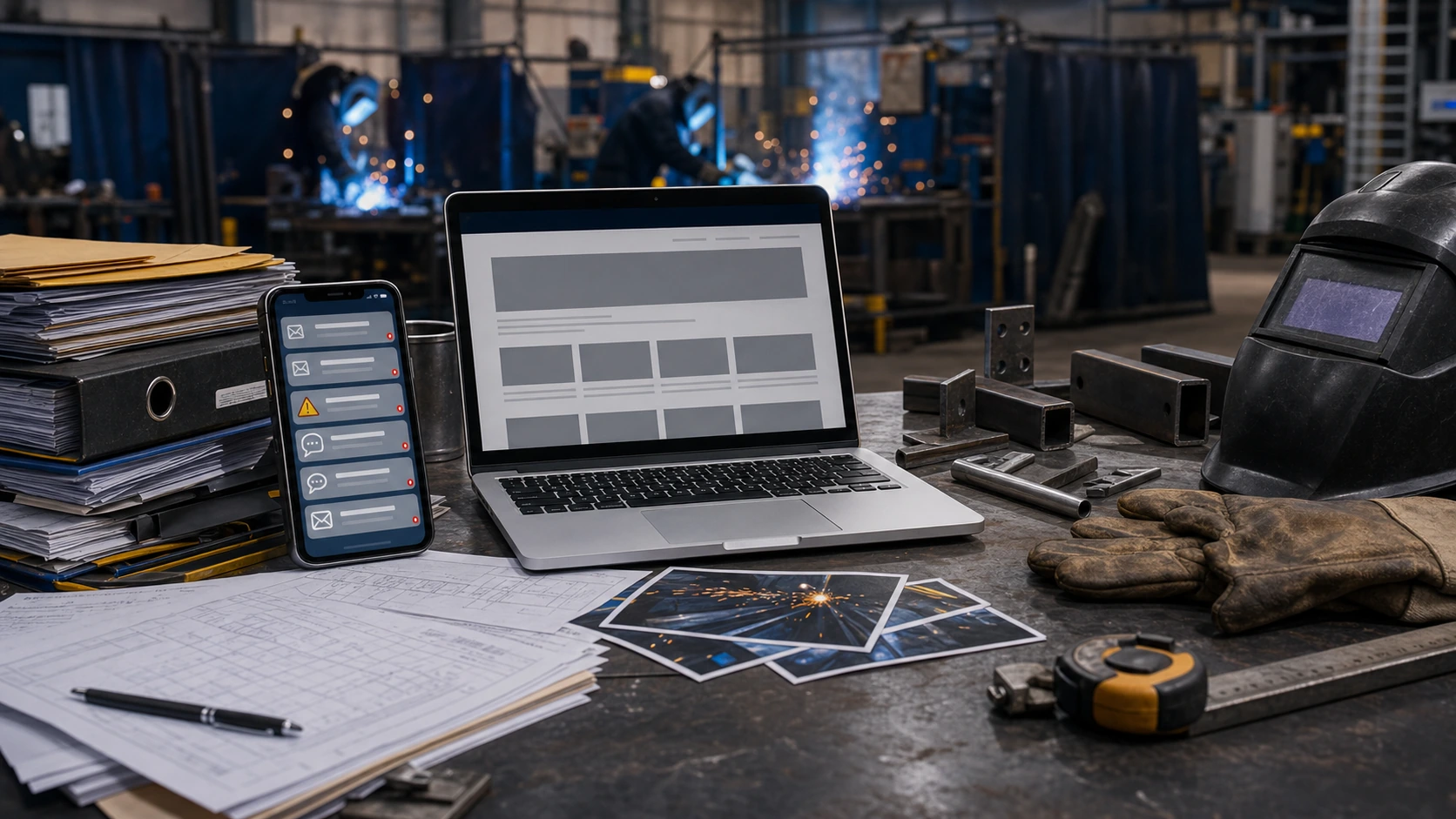 Persona o equipo de servicio de soldadura industrial gestionando consultas, turnos, reservas, pedidos, presupuestos o mensajes desde notebook/celular.