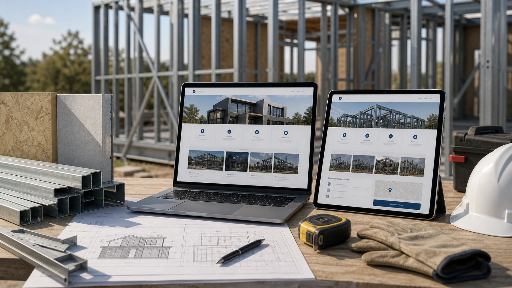 Pantalla o composición visual mostrando servicios, fotos, ubicación, contacto, propuesta comercial y estructura de empresa de steel frame de forma clara.