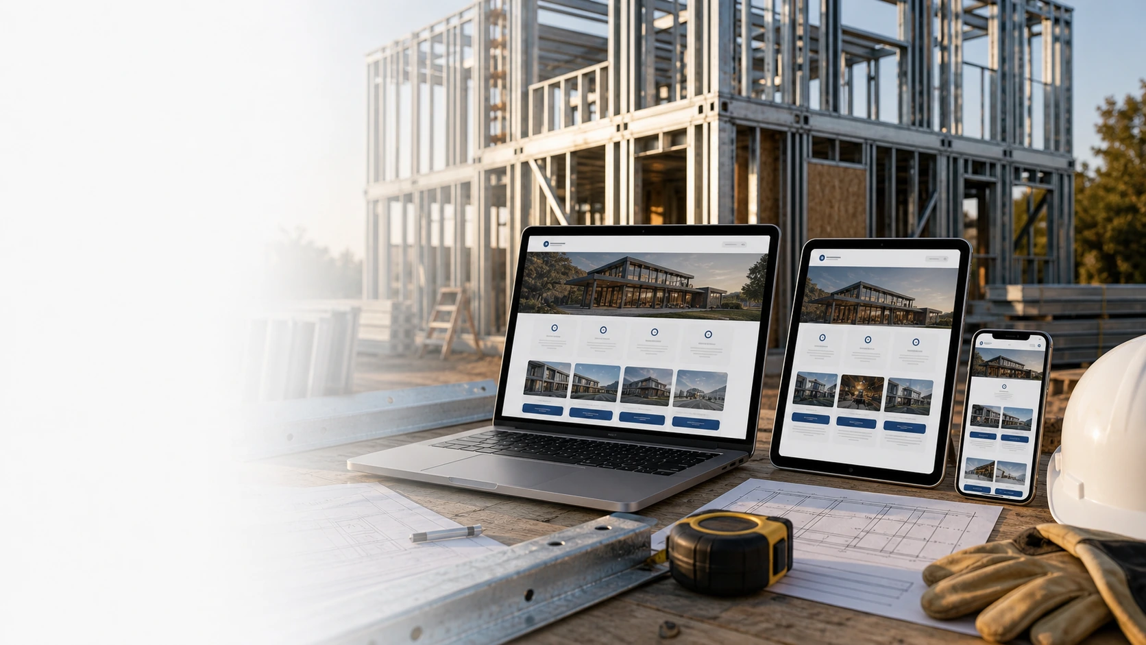 Mockup comercial premium para la sección hero de empresa de steel frame: computadora, tablet y teléfono mostrando una web del rubro, fondo realista del contexto.