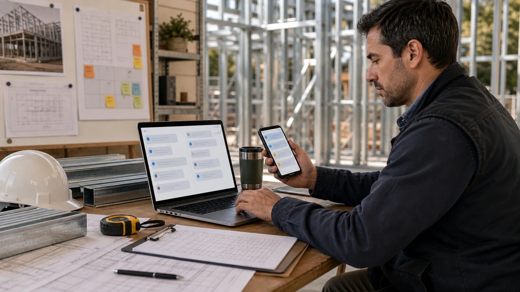Persona o equipo de empresa de steel frame gestionando consultas, turnos, reservas, pedidos, presupuestos o mensajes desde notebook/celular.