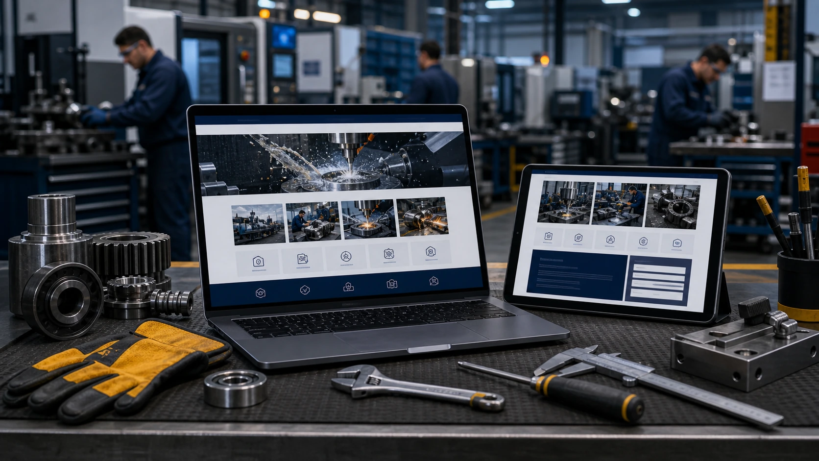 Pantalla o composición visual mostrando servicios, fotos, ubicación, contacto, propuesta comercial y estructura de taller industrial de forma clara.