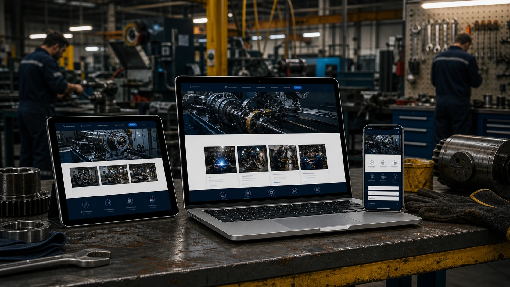 Mockup comercial premium para la sección hero de taller industrial: computadora, tablet y teléfono mostrando una web del rubro, fondo realista del contexto.