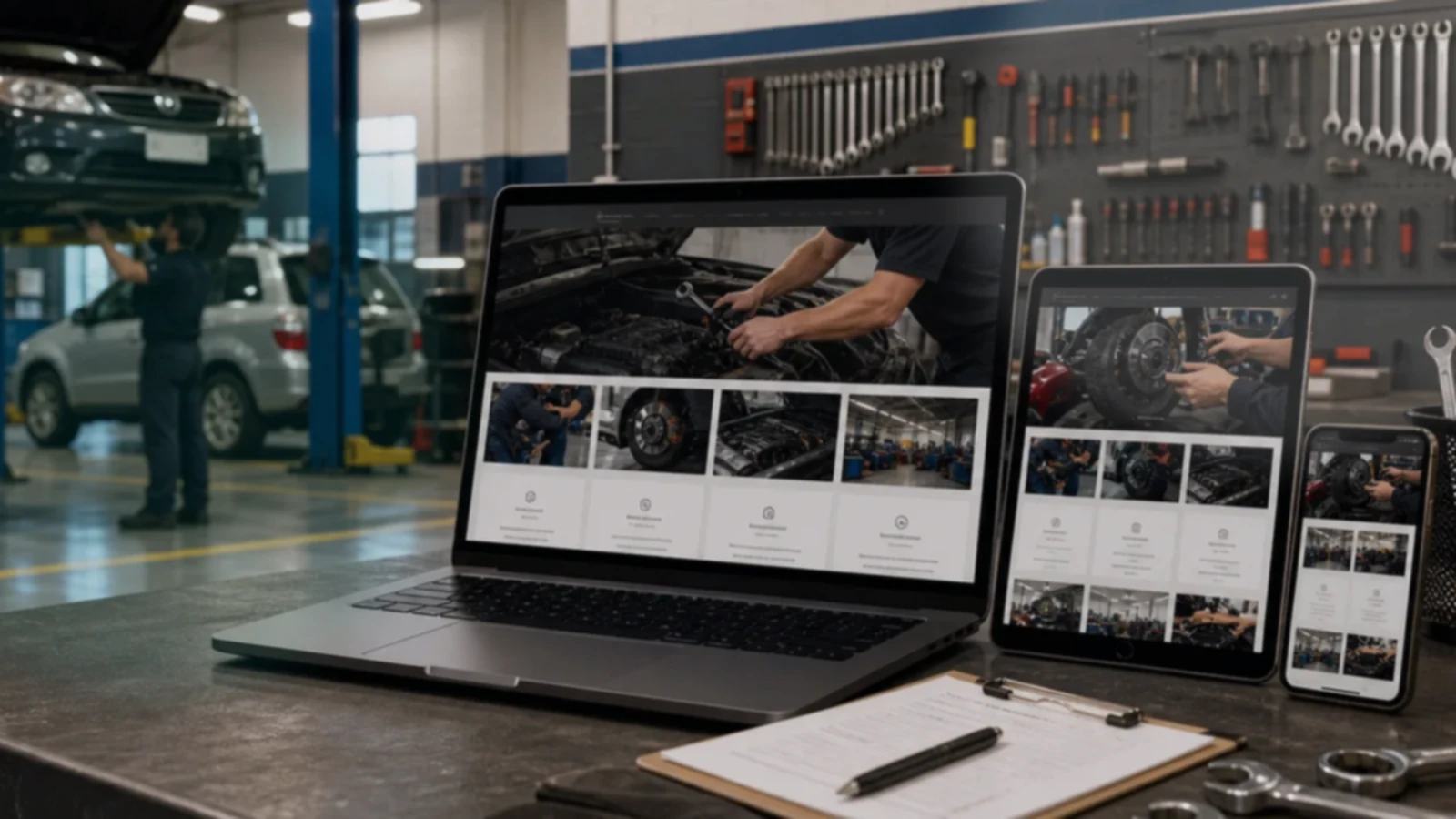 Pantalla o composición visual mostrando servicios, fotos, ubicación, contacto, propuesta comercial y estructura de talleres mecánicos de forma clara.