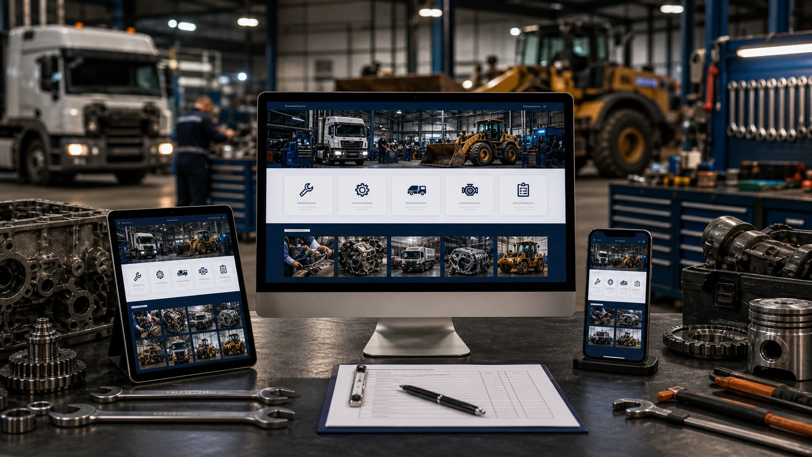 Pantalla o composición visual mostrando servicios, fotos, ubicación, contacto, propuesta comercial y estructura de taller mecanico pesado de forma clara.