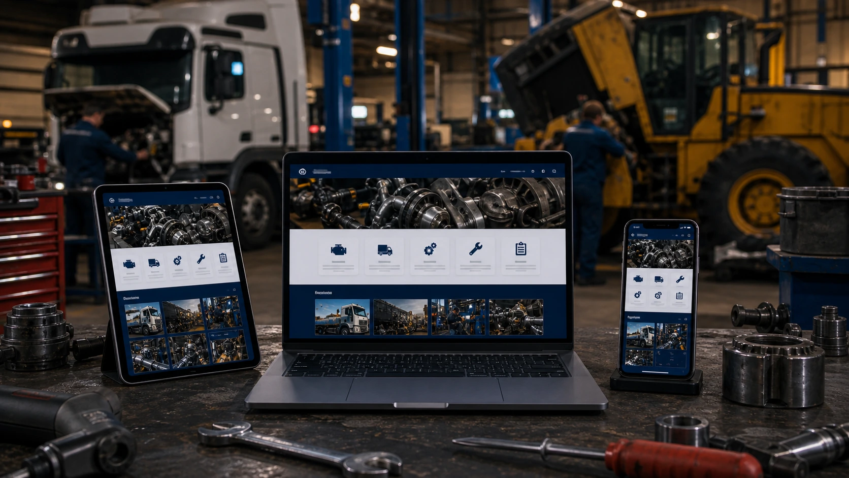 Mockup comercial premium para la sección hero de taller mecanico pesado: computadora, tablet y teléfono mostrando una web del rubro, fondo realista del contexto.
