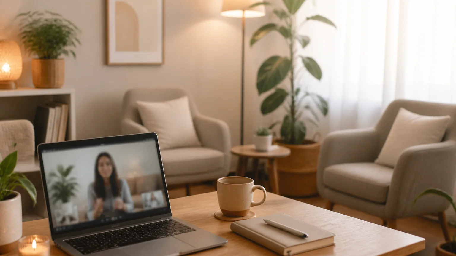 Consulta terapeutica online y presencial representada en un espacio calido