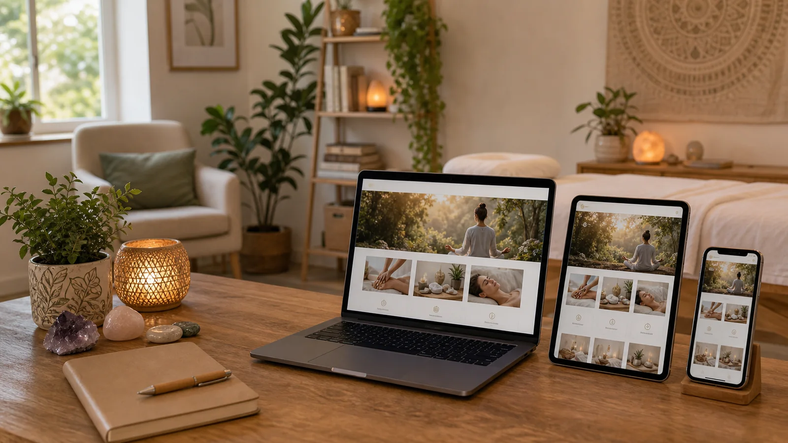 Mockup de pagina web para terapeutas en dispositivos sobre un espacio sereno de bienestar