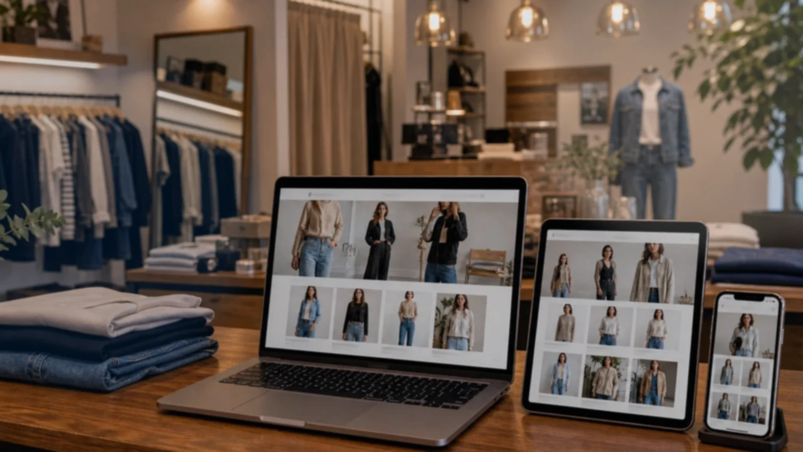 Pantalla o composición visual mostrando servicios, fotos, ubicación, contacto, propuesta comercial y estructura de tiendas de ropa de forma clara.