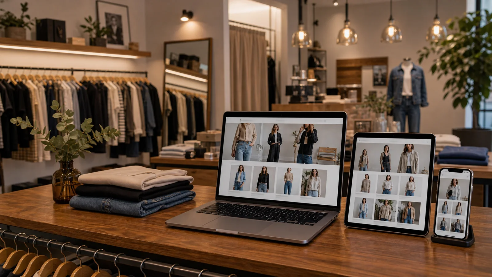 Mockup comercial premium para la sección hero de tiendas de ropa: computadora, tablet y teléfono mostrando una web del rubro, fondo realista del contexto.