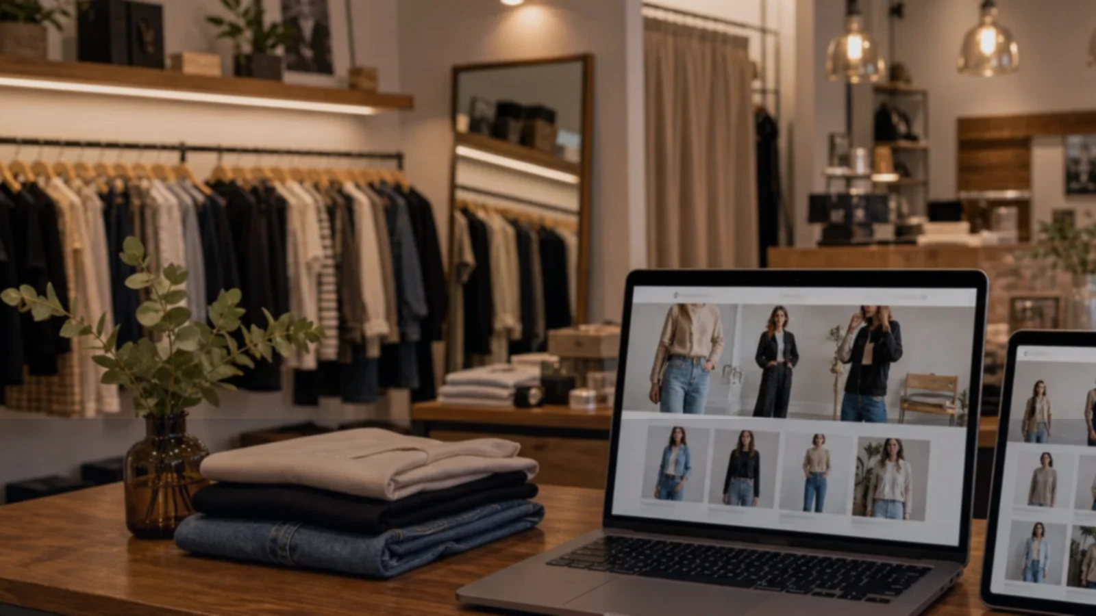 Persona o equipo de tiendas de ropa gestionando consultas, turnos, reservas, pedidos, presupuestos o mensajes desde notebook/celular.
