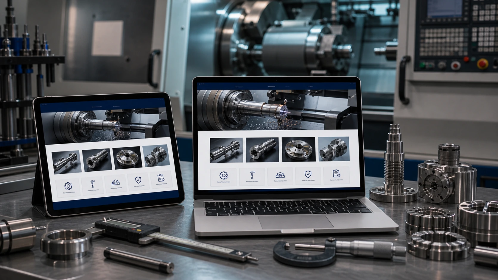 Pantalla o composición visual mostrando servicios, fotos, ubicación, contacto, propuesta comercial y estructura de torneria de forma clara.