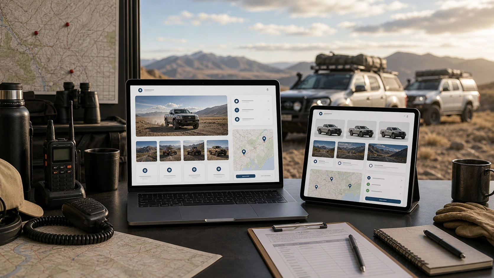 Pantalla o composición visual mostrando servicios, fotos, ubicación, contacto, propuesta comercial y estructura de servicio de transporte 4x4 de forma clara.