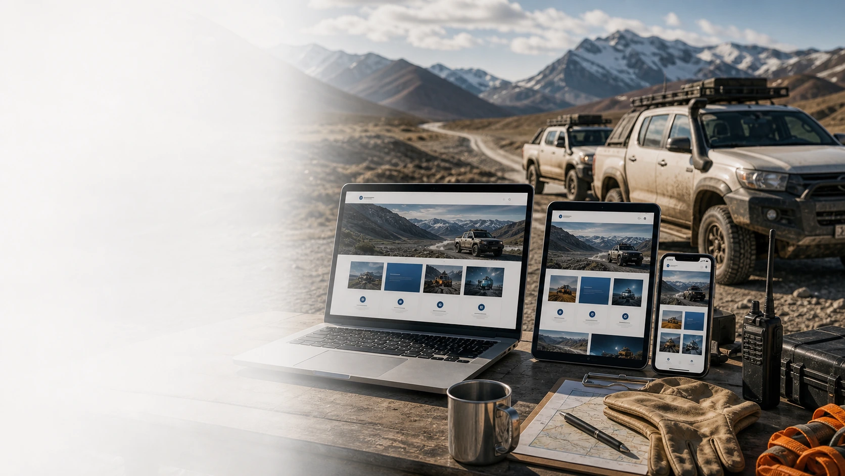 Mockup comercial premium para la sección hero de servicio de transporte 4x4: computadora, tablet y teléfono mostrando una web del rubro, fondo realista del contexto.
