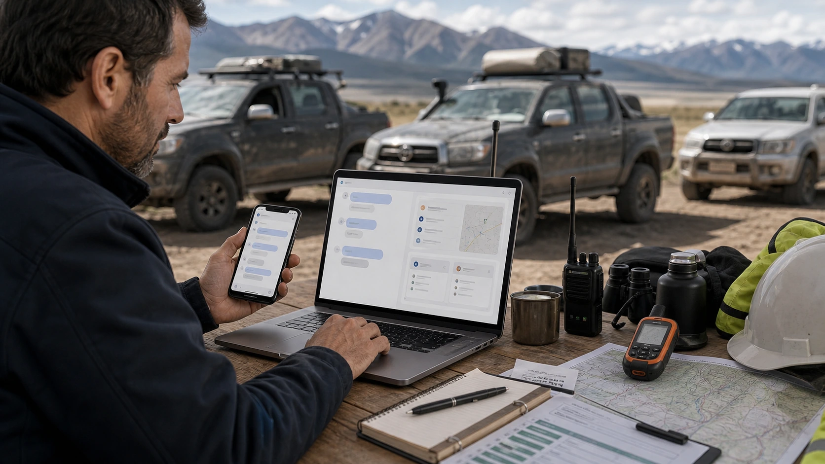 Persona o equipo de servicio de transporte 4x4 gestionando consultas, turnos, reservas, pedidos, presupuestos o mensajes desde notebook/celular.